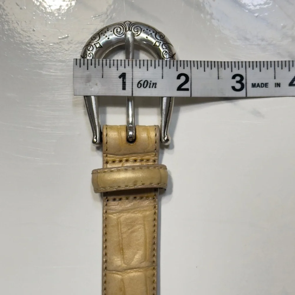 BRIGHTON | Silver Plated Buckle Tan Gold Croc Embossed Leather Belt Made In USA
